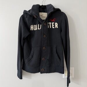 Hollister Men’s Button Front Hoodie Navy Blue Logo Hoodie Size M Distressed